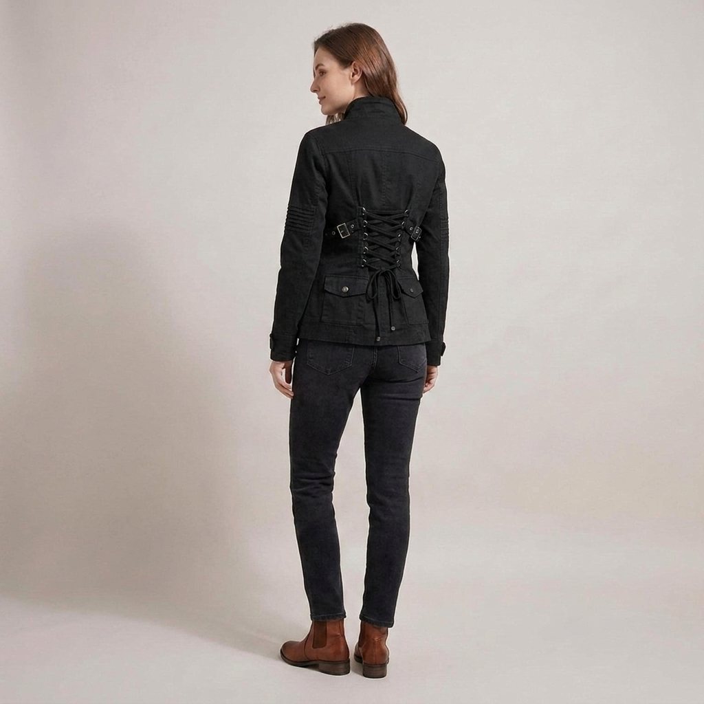 Adeltrud | Damenjacke mit Stehkragen, Schnallen und Reißverschluss Bikerjacke