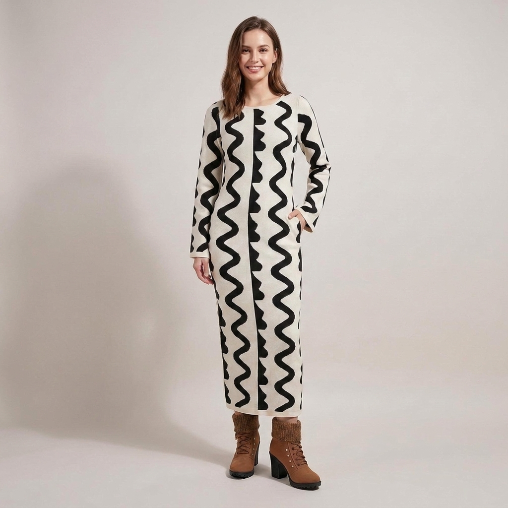 Kerstin | Damen Wellenmuster Langarm Strickkleid