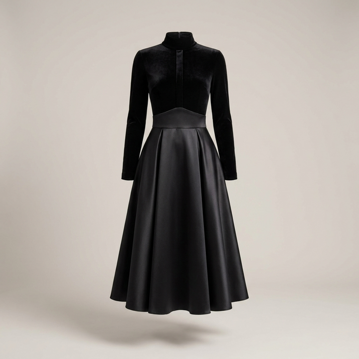 Birgit | Damen Langarmkleid mit Stehkragen Midikleid