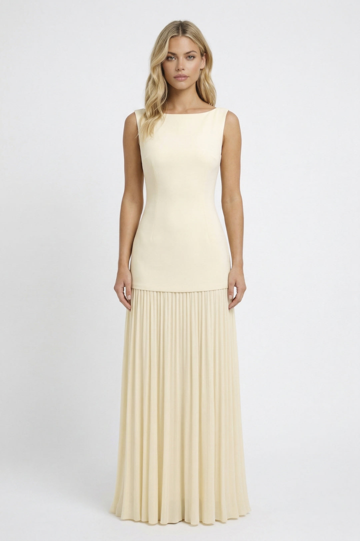 Langes Damen Abendkleid | Tailliertes Oberteil | Fließender Faltenrock | Festlich Elegant