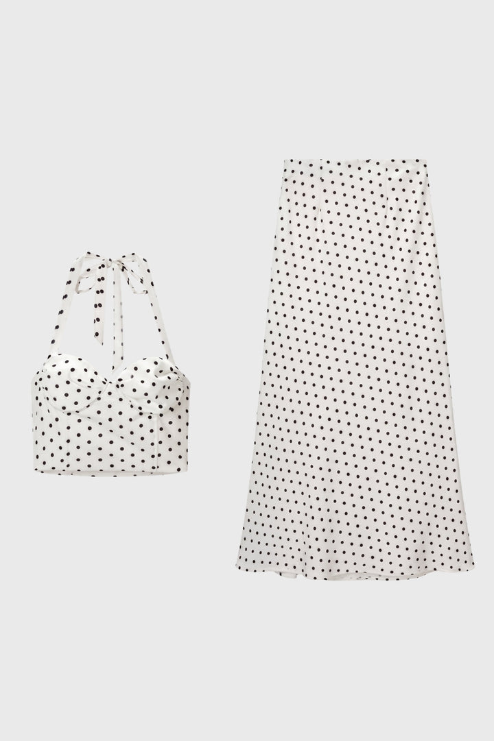 Damen-Set in taillierter Passform | Rückenfrei-Crop-Top und Retro-Midirock mit Punkten