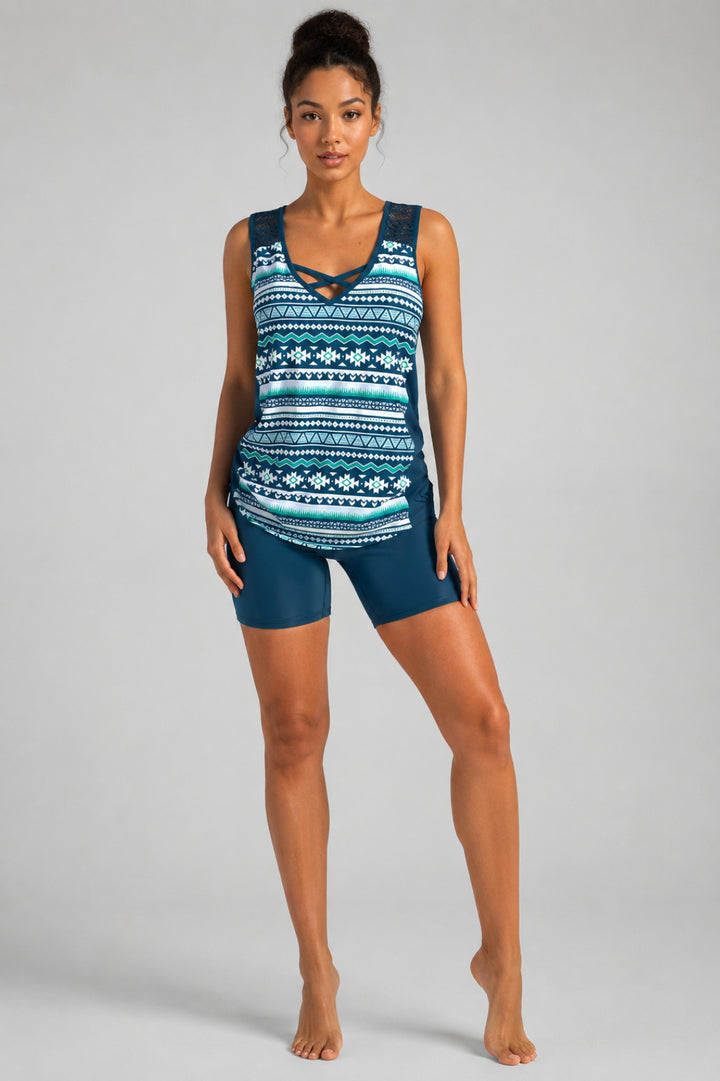 Damen-Badeanzug in figurbetonter Passform | Bedruckter Tankini und figurformende Shorts