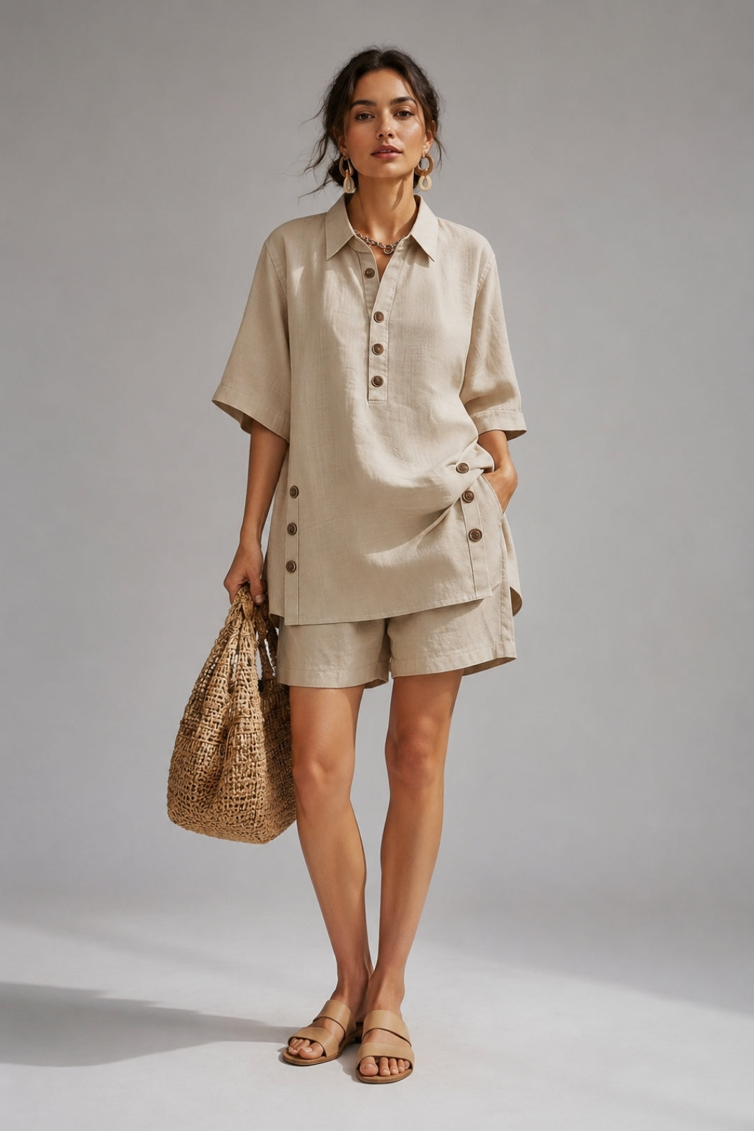Leinen Set Damen Sommer – Oversize Hemd zum Knöpfen &amp; Shorts, Casual