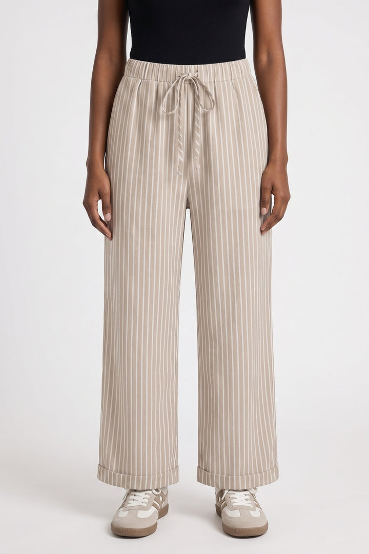 Damenhose | Gestreift &amp; hoher Bund | Beige-Weiß