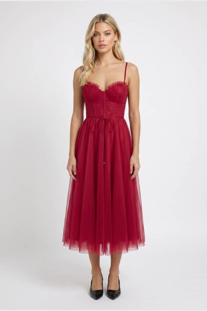 Damen-Midikleid | Bustier &amp; schmale Träger | Bordeauxrot