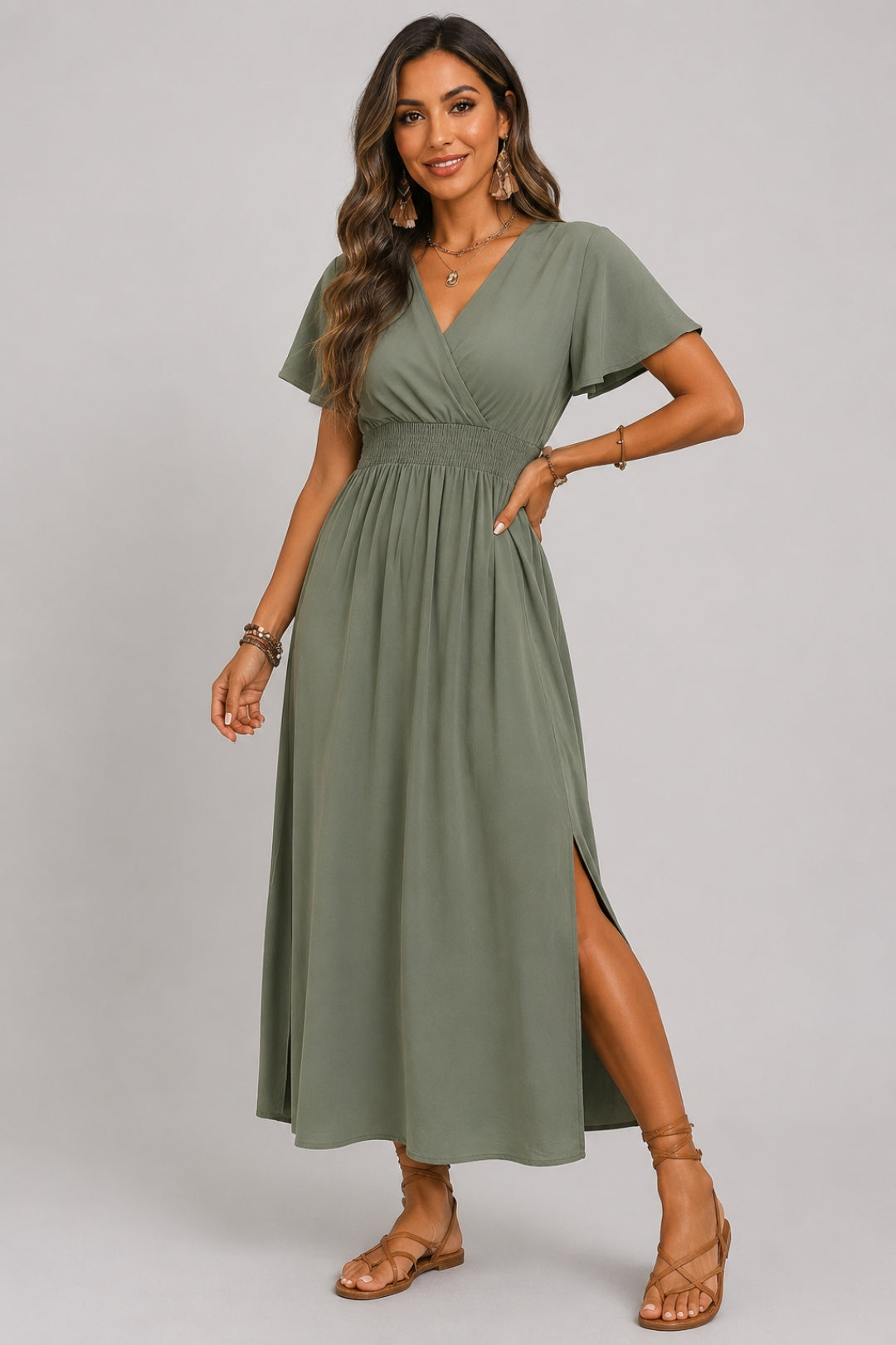 Boho-Kleid für Damen mit fließendem Schnitt | Langes Kleid in Salbeigrün mit gekreuztem V-Ausschnitt, gesmokter Taille und Schmetterlingsärmeln