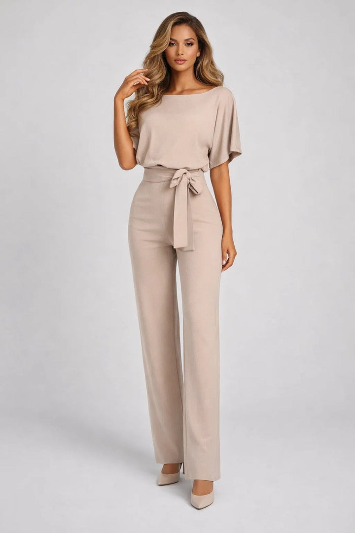 Damen-Jumpsuit | Weites Bein &amp; Bindegürtel | Sandbeige