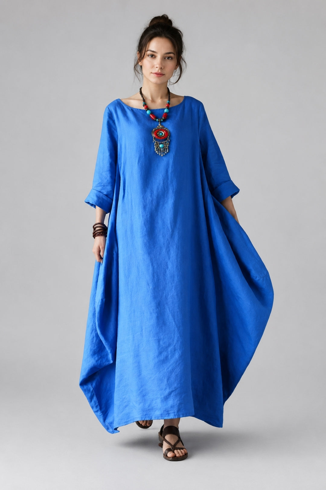 Boho-Maxikleid für Damen aus Leinen mit Fledermausärmeln und Oversize-Schnitt