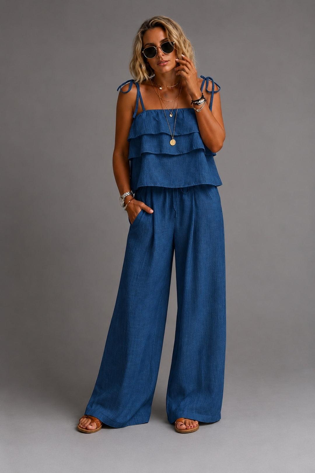 Leinen Set Damen Boho – Trägertop mit Rüschen &amp; weite Hose