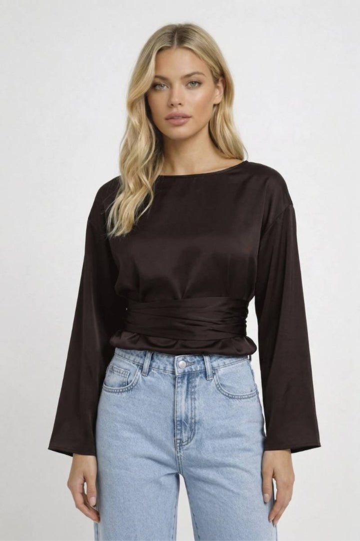 Damenbluse Schokoladenbraun | Figurbetonte Taille | Drapierter Look | Elegant