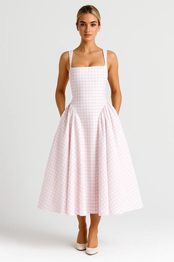 Damen-Midikleid | Karomuster &amp; betonte Taille | Hellrosa