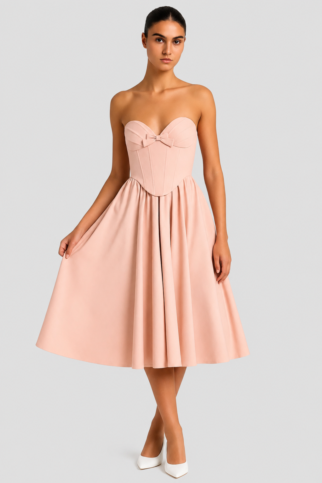 Midi-Kleid für Damen mit ausgestelltem Schnitt | Bustier mit Schleife, trägerlos, schicker Stil für festliche Anlässe