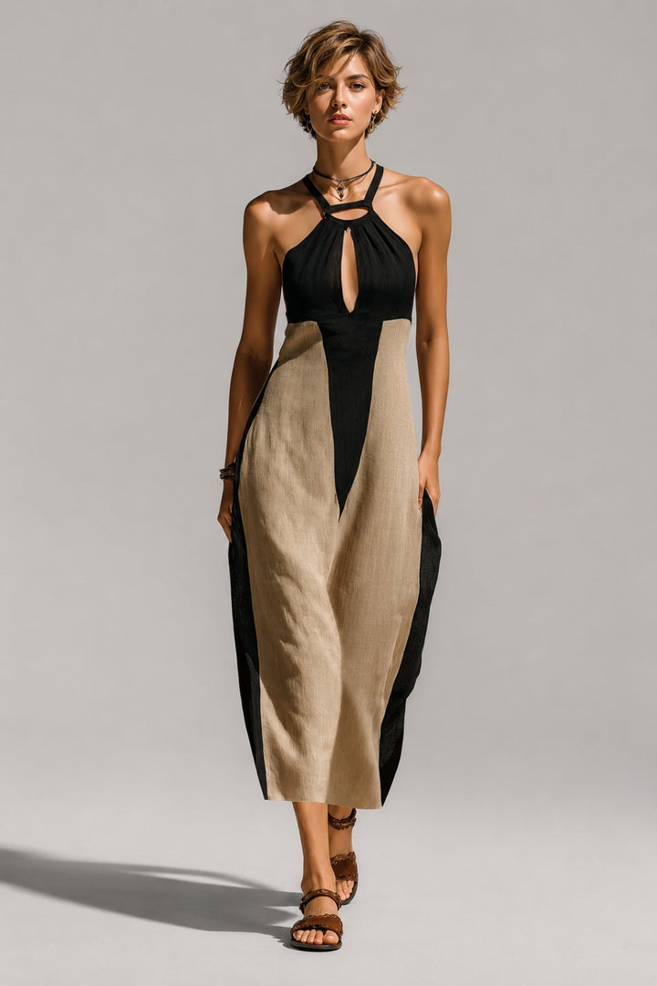 Figurbetontes Maxikleid für Damen | Neckholder-Ausschnitt, mittiger Ausschnitt, Kontraste im Leinen-Look