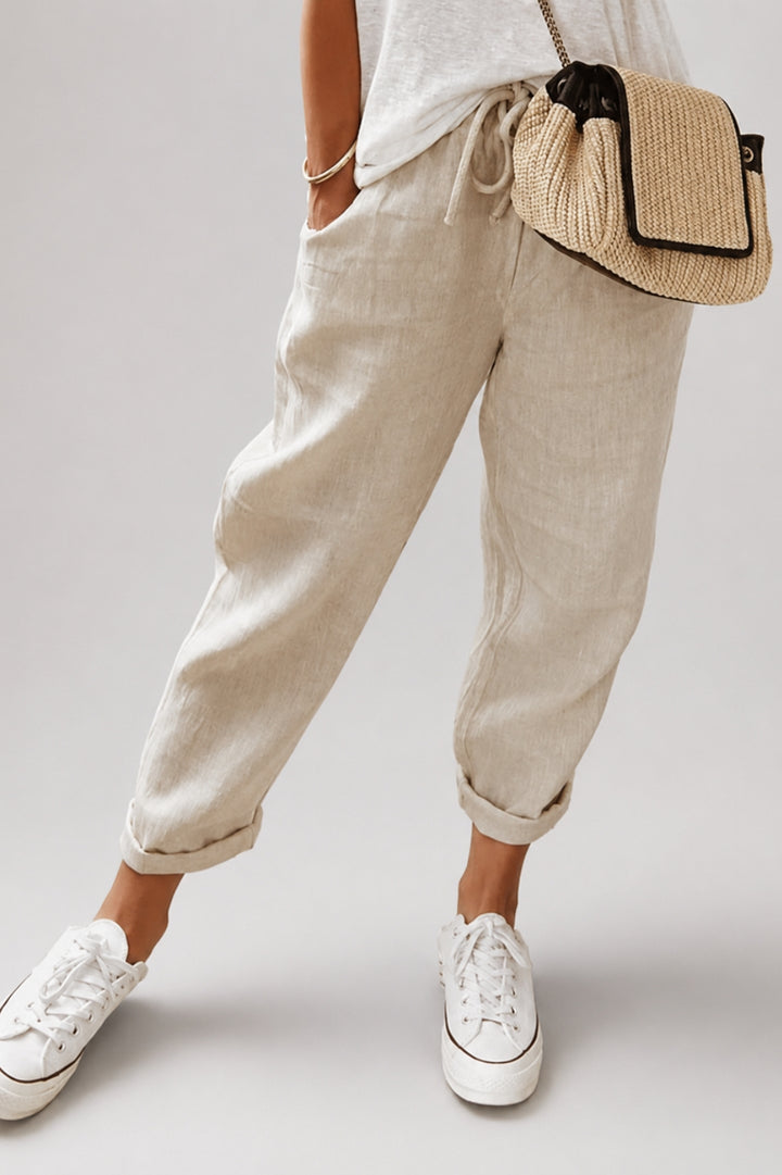 Damenhose mit schmal zulaufendem Schnitt | Kordelzug, elastische Bündchen, lässiger Leinen-Look