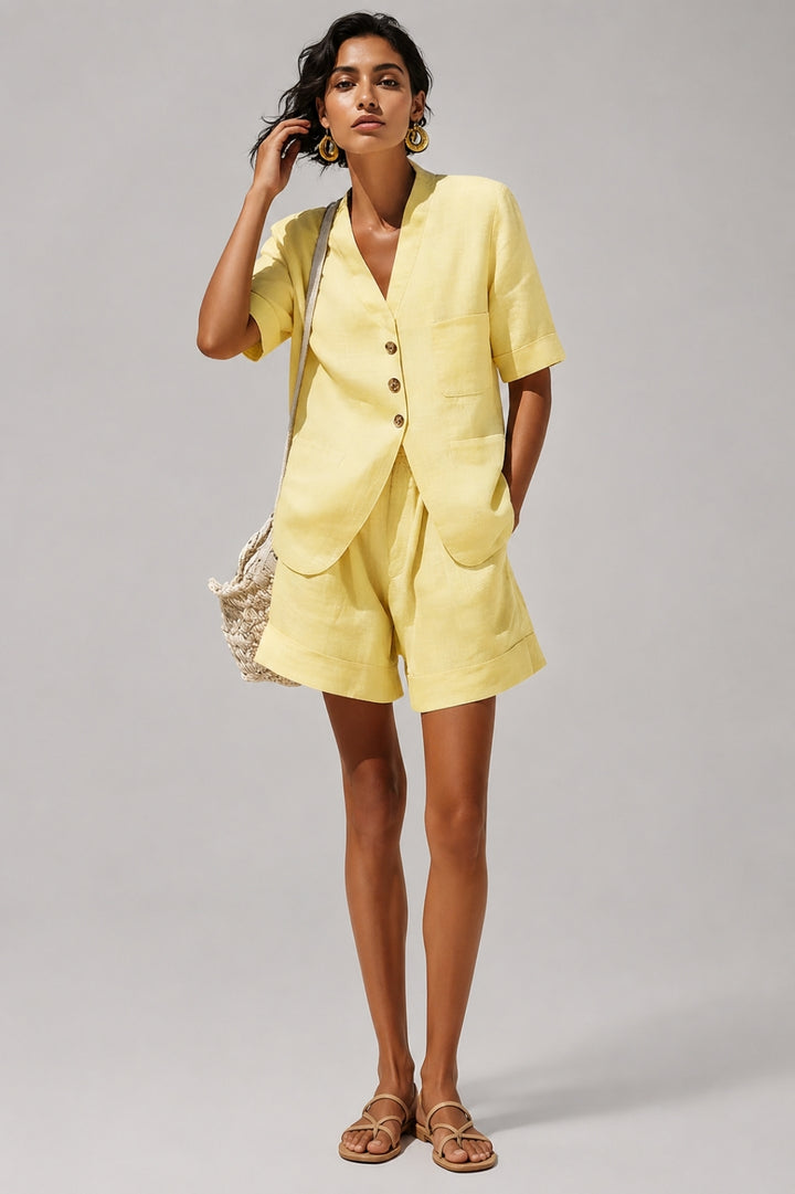 Leinen Set Damen Sommer – Blazer Jacke mit Knopfleiste &amp; High-Waist Shorts