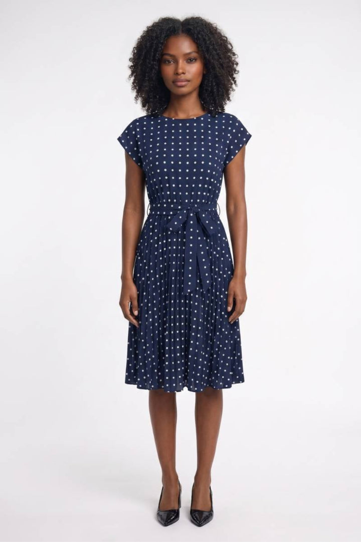 Marineblaues Midikleid | Polka-Punkte| Elegant &amp; tailliert