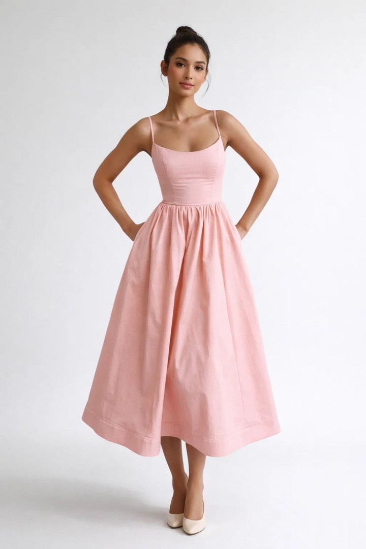 Sommer Midi-Kleid Damen Puderrosa | Strukturiertes Oberteil | Elegant