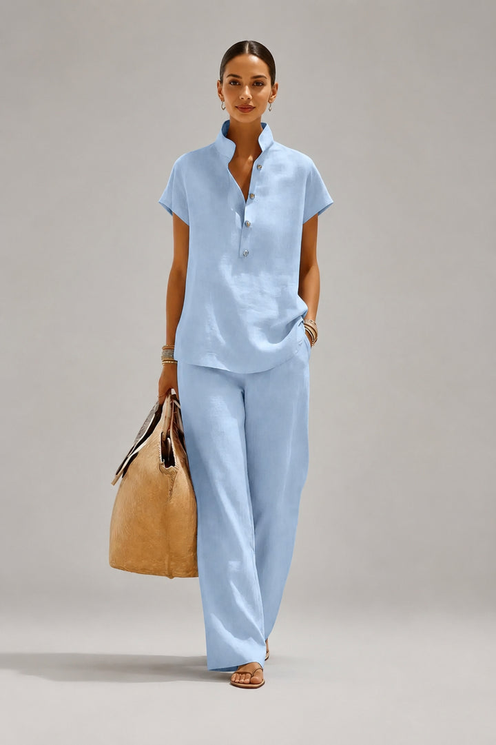 Damen-Set in fließendem Schnitt | Oberteil mit Mao-Kragen, passende Hose, schicker Leinen-Look
