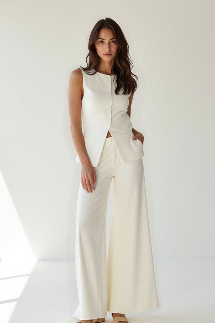 Damen Set Ecru | Ärmelloses Oberteil + Weite Hose | Elegantes Kombi-Outfit