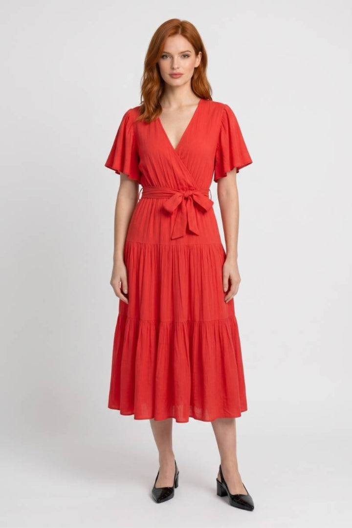 Damen-Midikleid | Wickelausschnitt &amp; Gürtel | Korallenrot