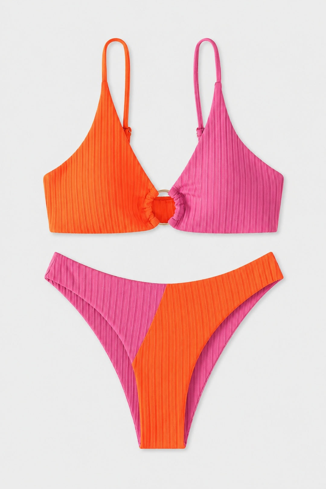 Trendiger, figurbetonter Damen-Bikini | Color-Block-Badeanzug in Beige und Braun mit Ring vorne