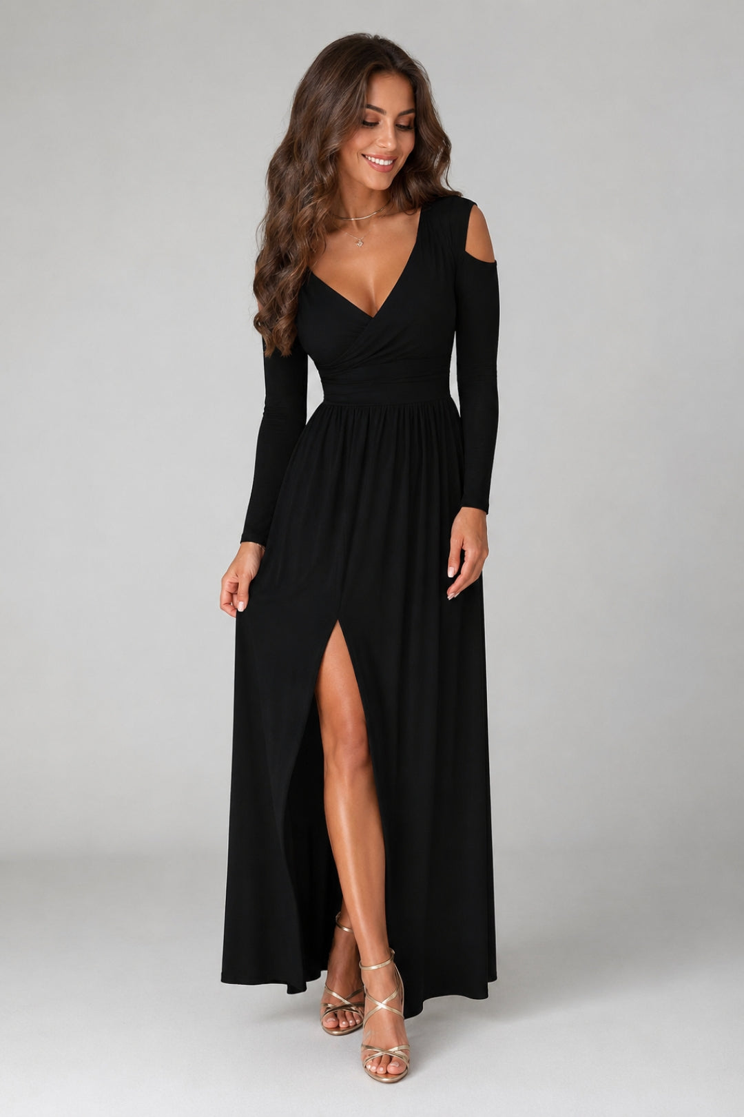 Elegantes Sommerkleid für Damen | Fließender Schnitt, gekreuzter V-Ausschnitt, lange Ärmel und Maxilänge mit Schlitz