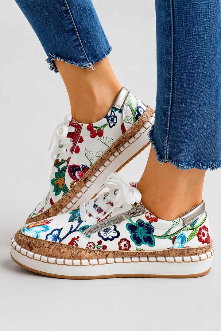 Damen-Sneaker mit bequemer Passform | Blumenprint, seitlicher Reißverschluss, Plateausohle