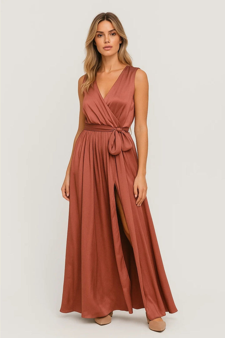Damen-Maxikleid | Wickelstil &amp; V-Ausschnitt | Terrakotta