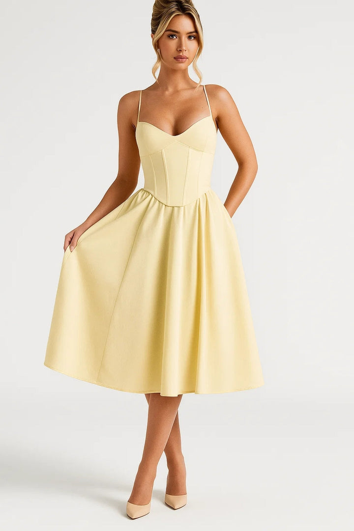 Sommer Midi-Kleid Damen | Pastellgelb | Betonte Taille | Elegant &amp; Feminin