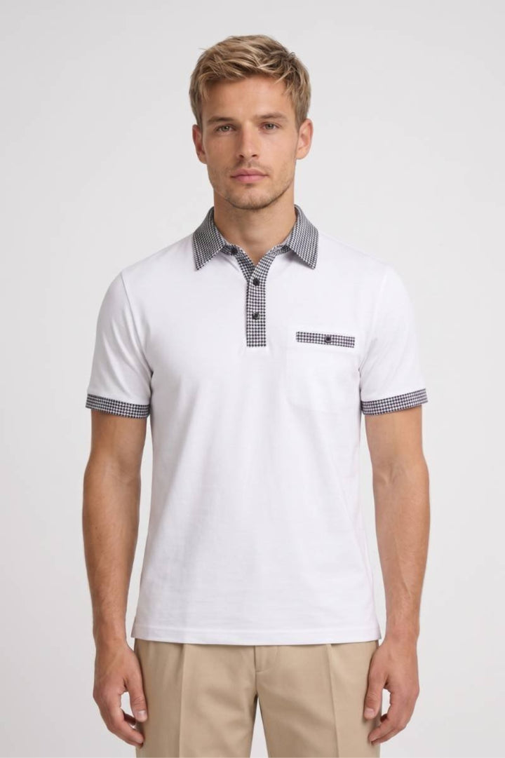 Herren-Polo | Hahnentritt-Details &amp; Kontrastkragen | Weiß