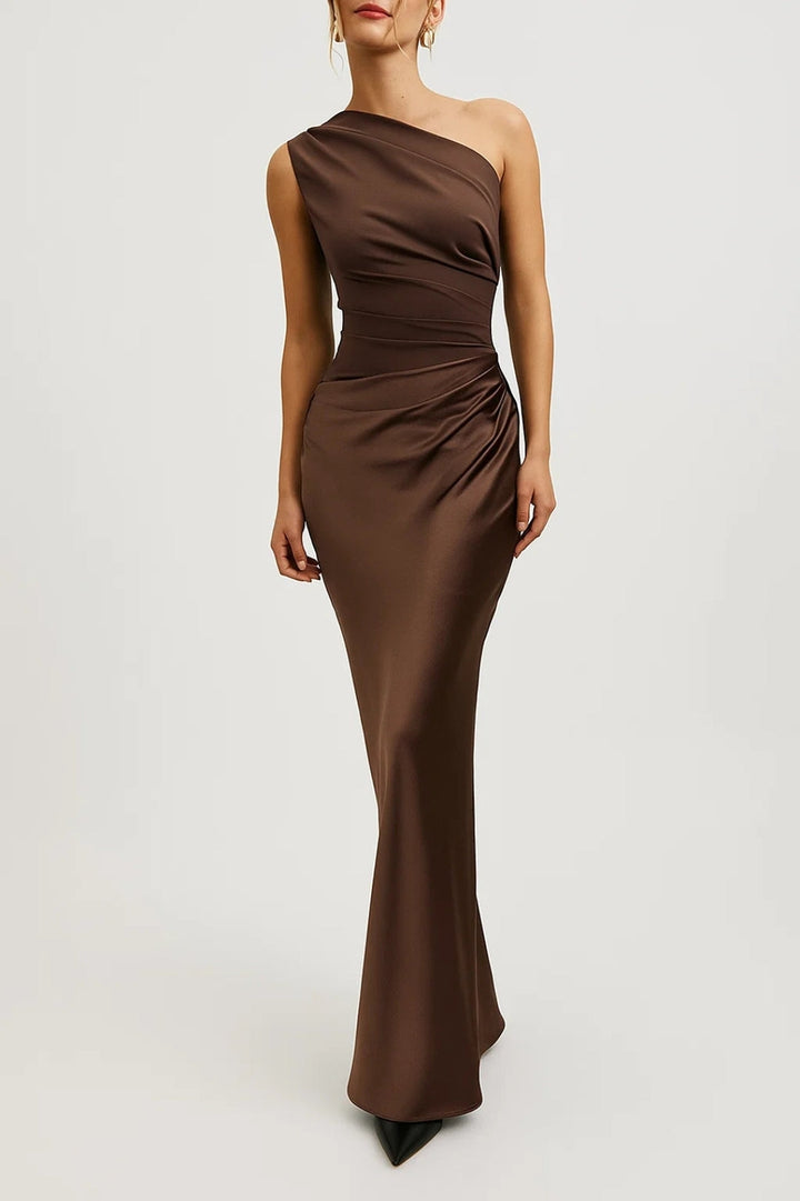 Abendkleid Damen Lang | Drapierter One-Shoulder-Look | Figurbetonte Passform | Schokoladenbraun