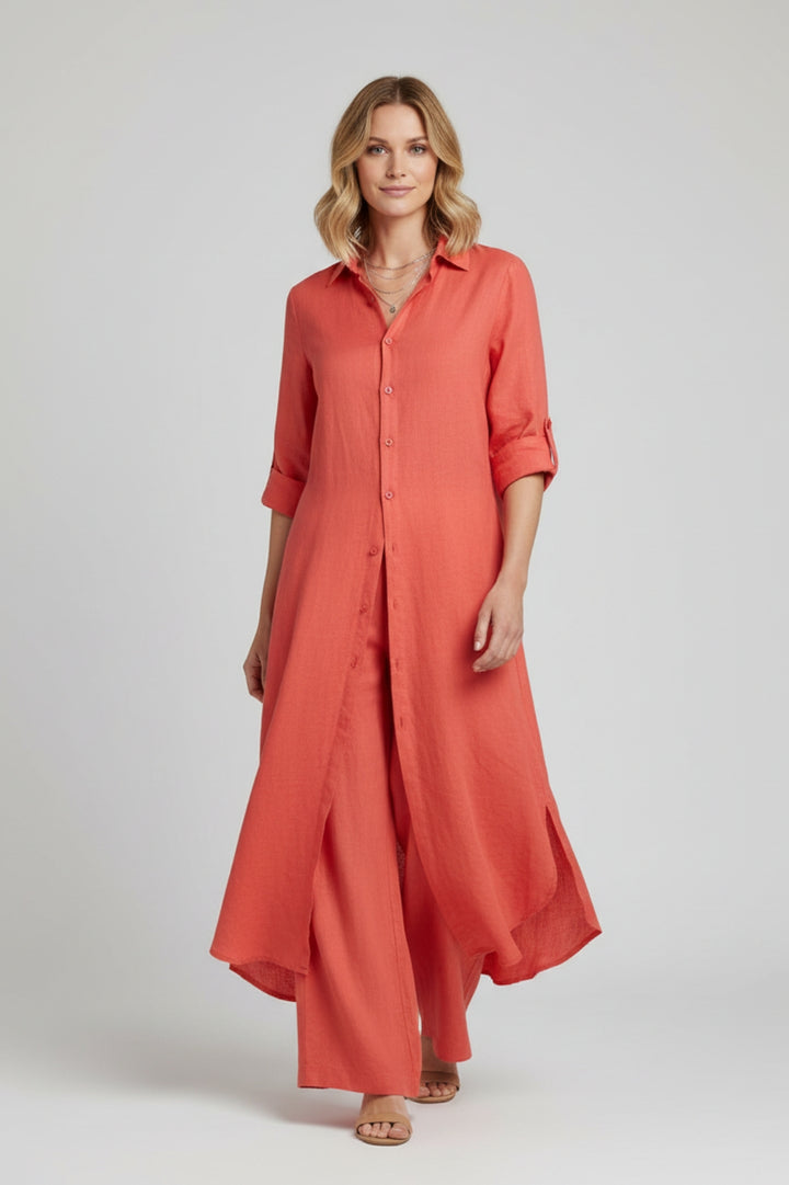 Damen-Set im fließenden Schnitt | Langes Hemdkleid, passende Hose, schicker Leinen-Look