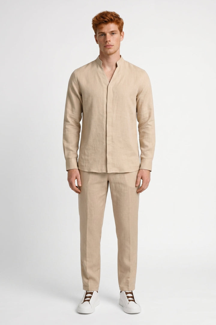 Herren-Sommer-Set | Stehkragen-Hemd &amp; Hose | Sandbeige