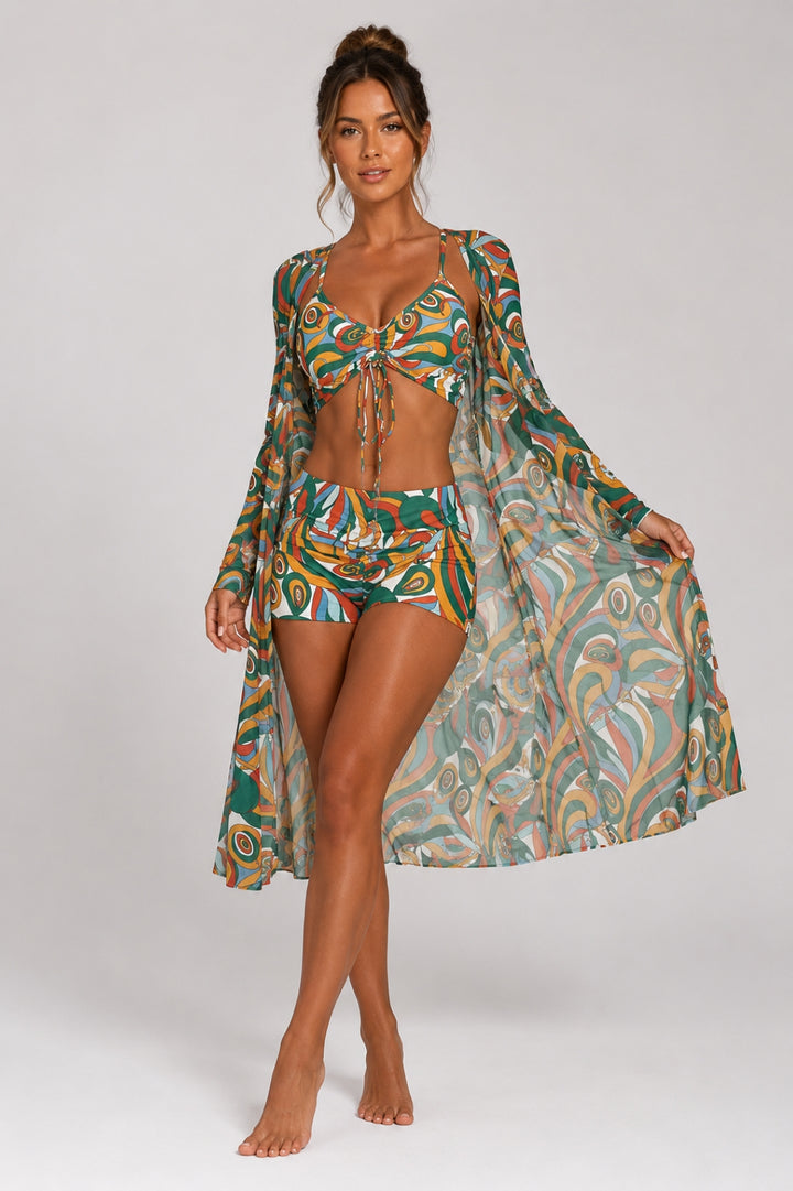 Damen-Badeanzug mit figurbetonter Passform | 3-teiliges Set im Boho-Stil mit gerafftem Oberteil