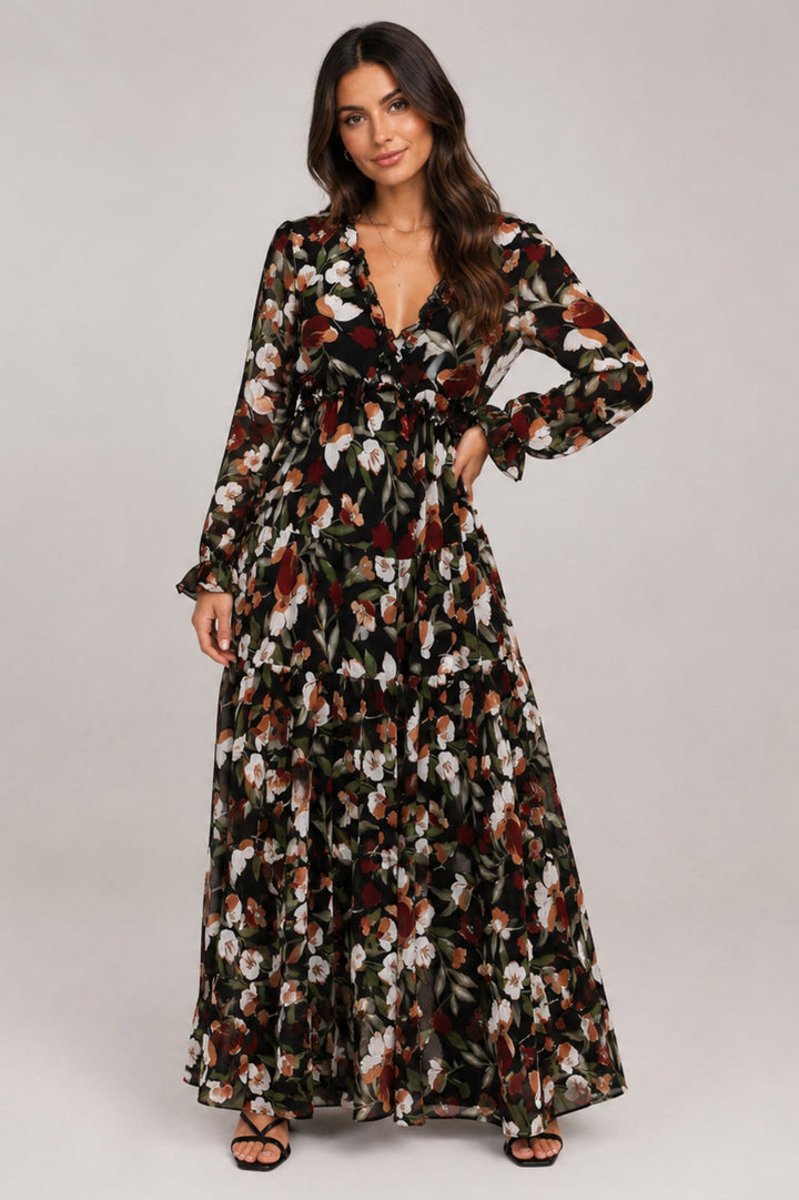 Fließendes Boho-Kleid für Damen | Langes Kleid mit Blumenmuster | V-Ausschnitt | Lange Ärmel | Hochzeitsgast