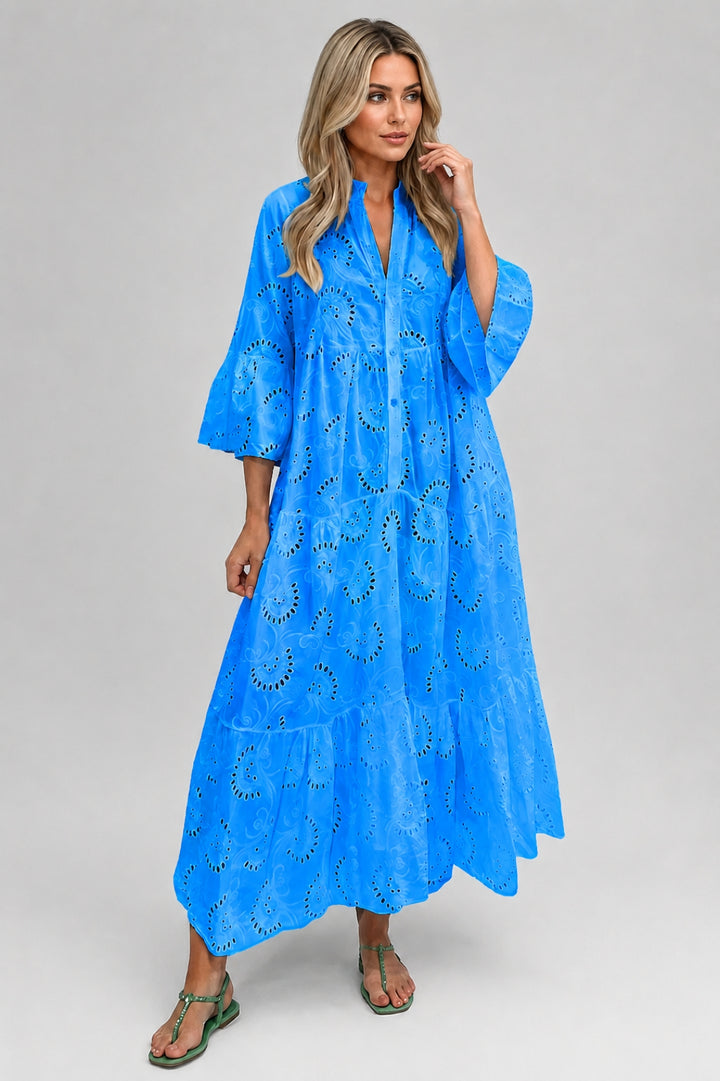 Boho-Sommerkleid für Damen | Lockere Passform, durchbrochene Stickereien, Maxilänge und geknöpfter V-Ausschnitt