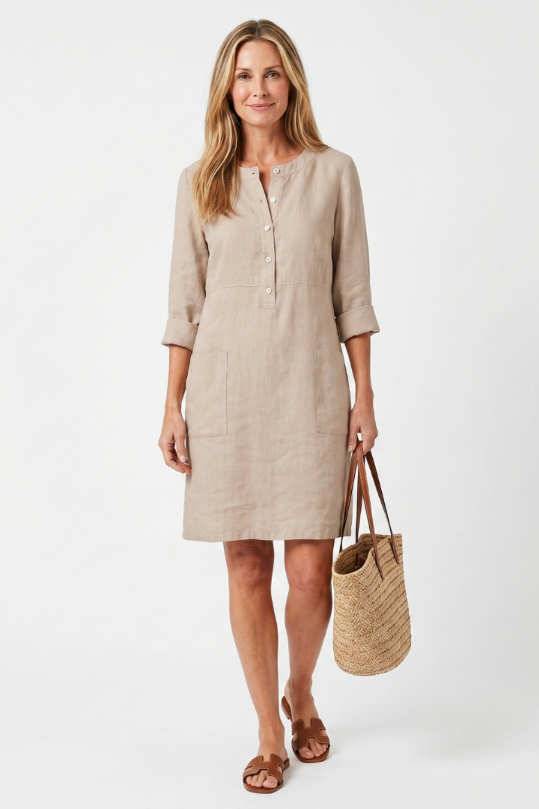 Midi-Kleid für Damen, gerader Schnitt | 3/4-Ärmel, Seitentaschen, Boho-Stil aus Leinen
