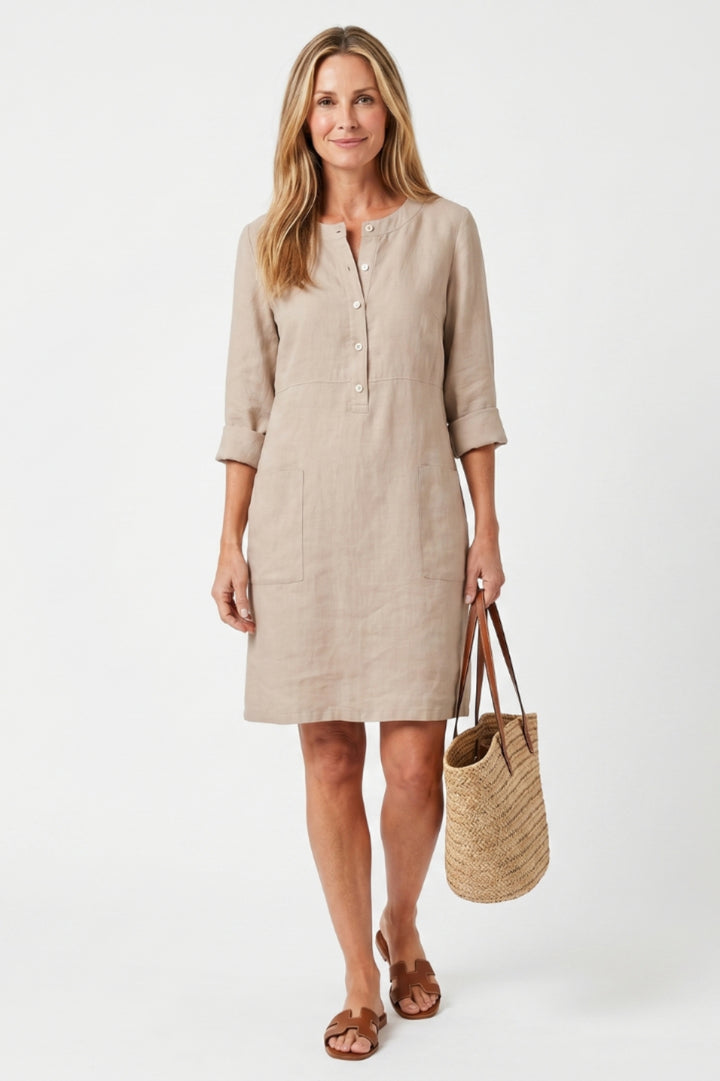 Midi-Kleid für Damen, gerader Schnitt | 3/4-Ärmel, Seitentaschen, Boho-Stil aus Leinen