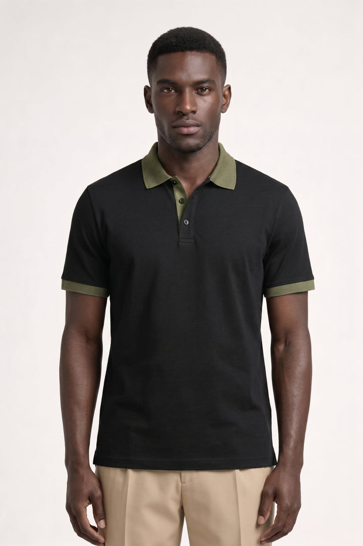 Herren-Polohemd | Reißverschluss &amp; Kontrastdetails | Schwarz-Khaki
