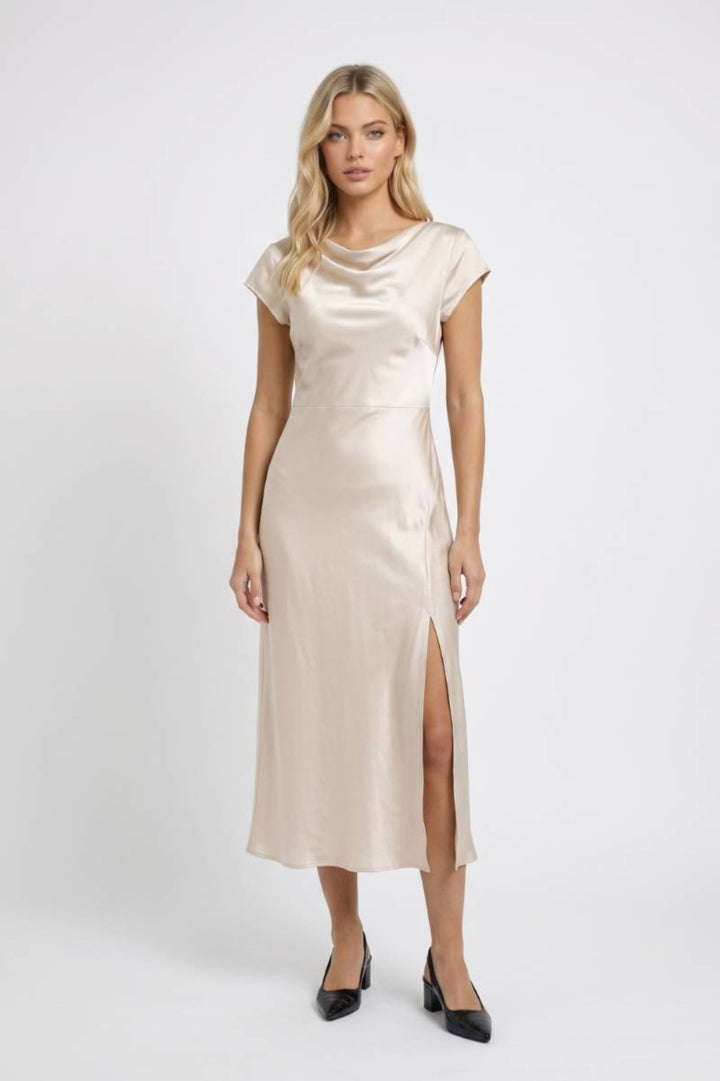 Damen-Midikleid | Wasserfallausschnitt &amp; Rückenknoten | Elfenbein