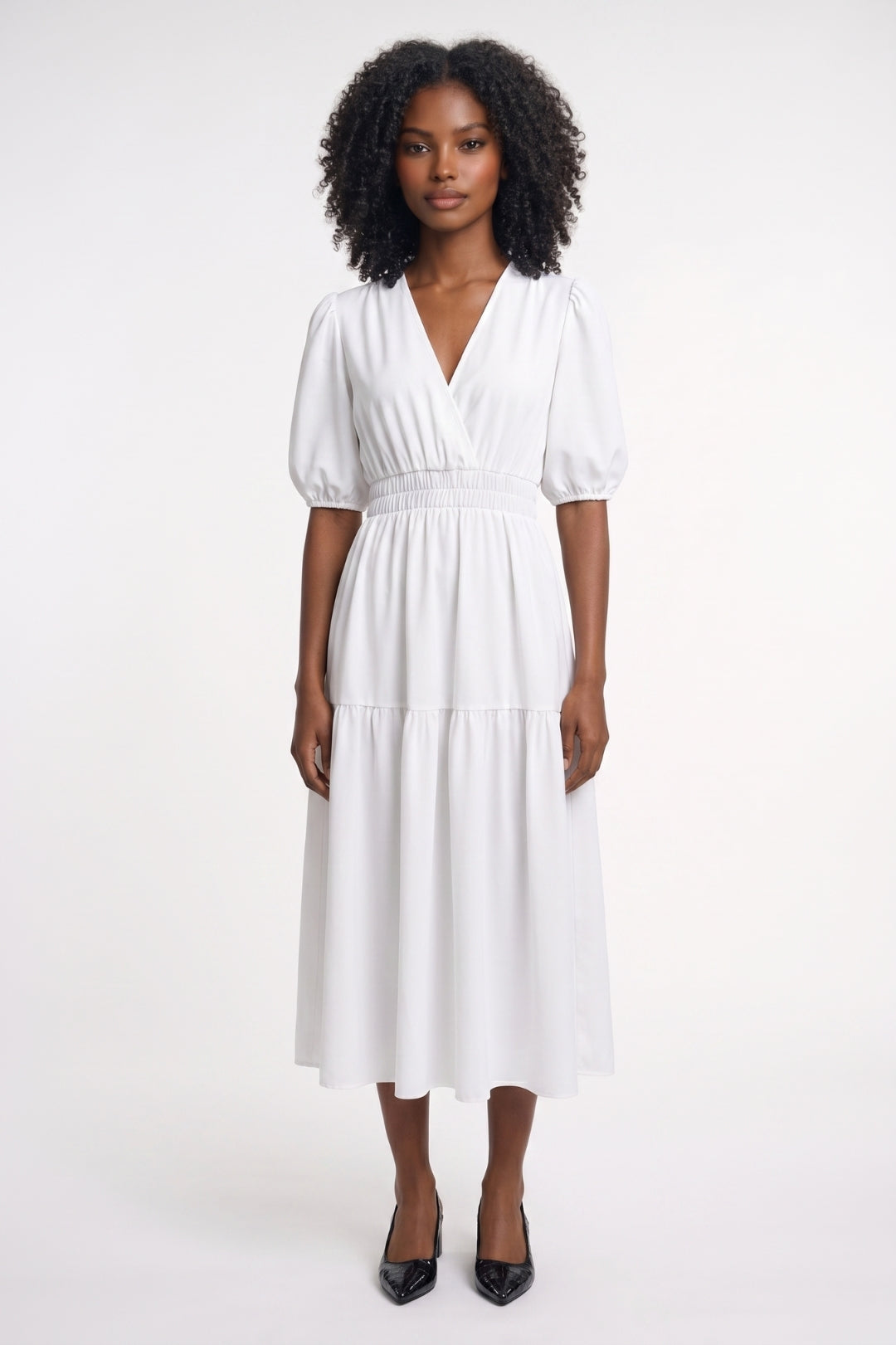 Romantisches Damenkleid | Midi-Länge, V-Ausschnitt und Puffärmel mit gesmokter Taille