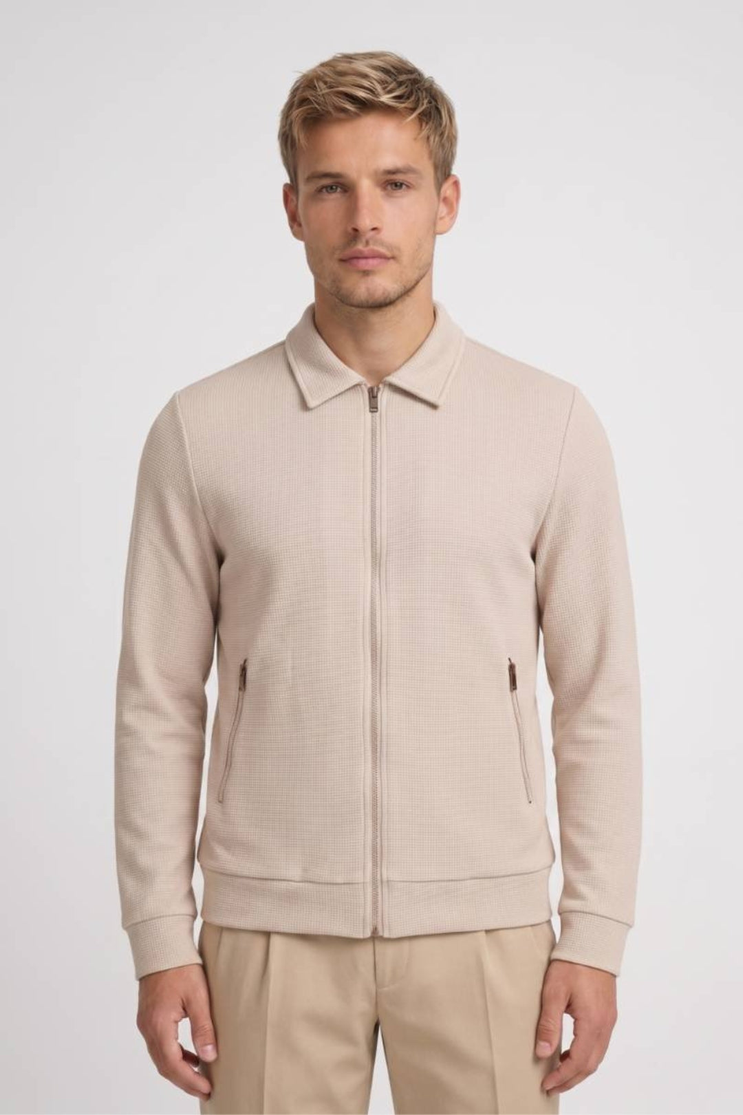 Herrenjacke | Reißverschluss &amp; Polokragen | Sandbeige