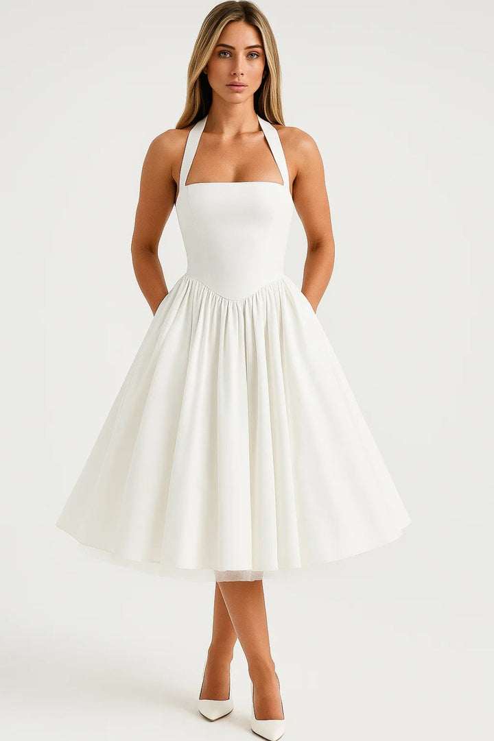 Sommer Abendkleid Damen Kurz | Weiß | Betonte Taille | Festlich Elegant