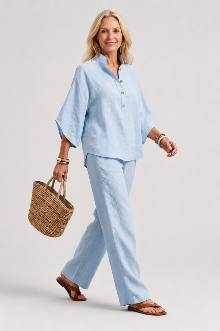 Schickes 2-teiliges Leinen-Set für Damen mit Kimono-Oberteil und klassischer, gerader Hose