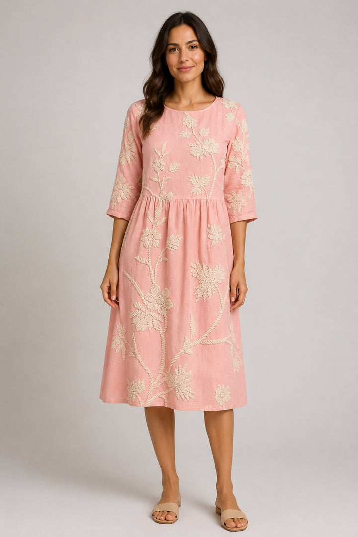 Boho-Midi-Kleid für Damen aus Leinen mit Blumenstickereien und eleganter geraffter Taille