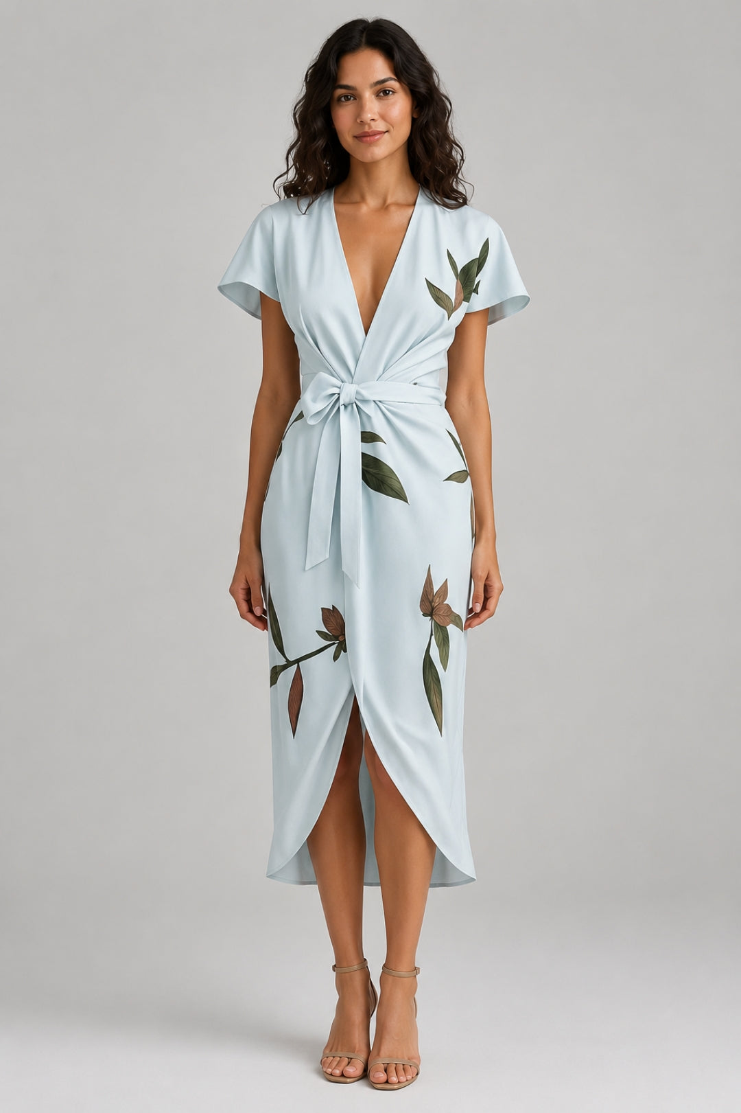 Elegantes Wickelkleid für Damen | Elfenbeinfarbenes Midi-Kleid mit tiefem V-Ausschnitt, gebundenem Gürtel und Blumenmuster