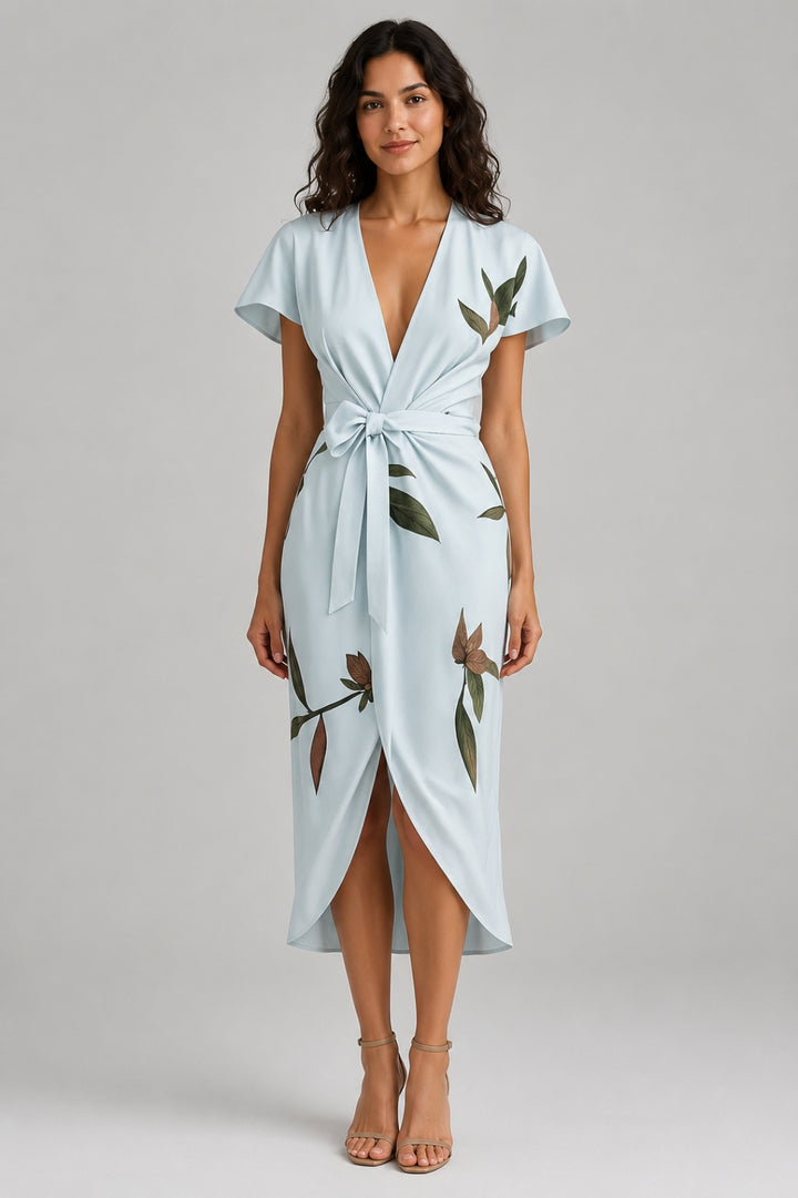 Elegantes Wickelkleid für Damen | Elfenbeinfarbenes Midi-Kleid mit tiefem V-Ausschnitt, gebundenem Gürtel und Blumenmuster