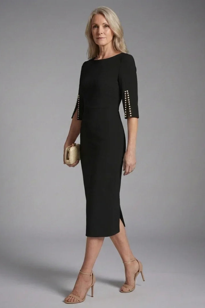 Figurbetontes Hochzeitsgastkleid für Damen | Schwarz, Midi-Länge, ausgestellte Ärmel und Perlenverzierung