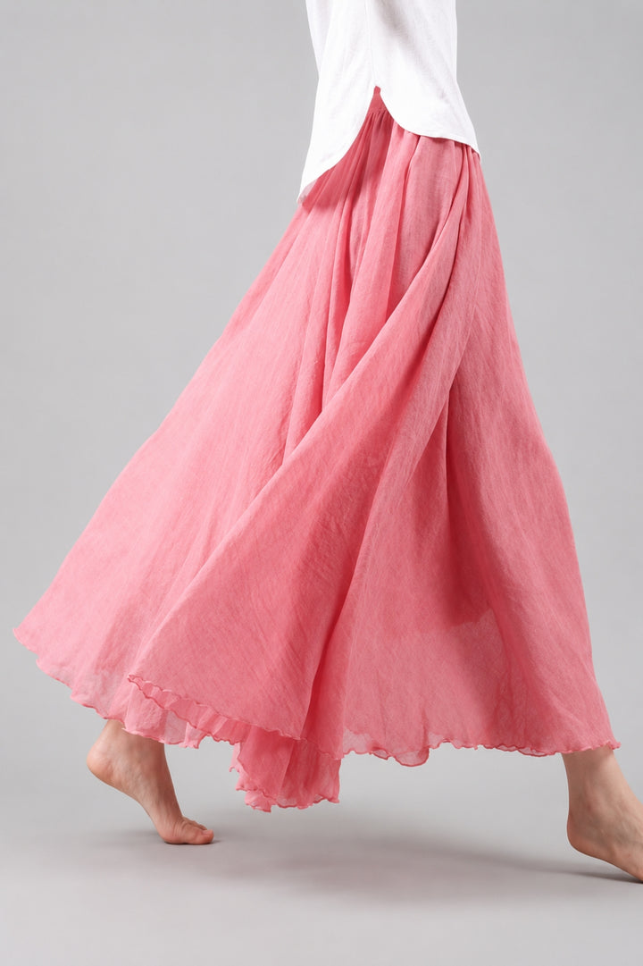 Langer Leinenrock für Damen im Boho-Stil mit Volants und fließendem Schnitt sowie elastischem Bund
