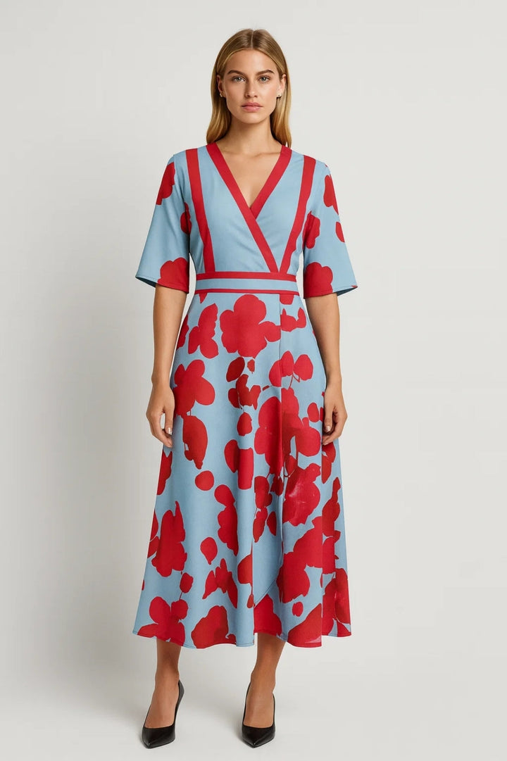 Damen-Midi-Kleid | Fließender Schnitt | Blumenprint | Wickel-V-Ausschnitt | Schicker, eleganter Stil